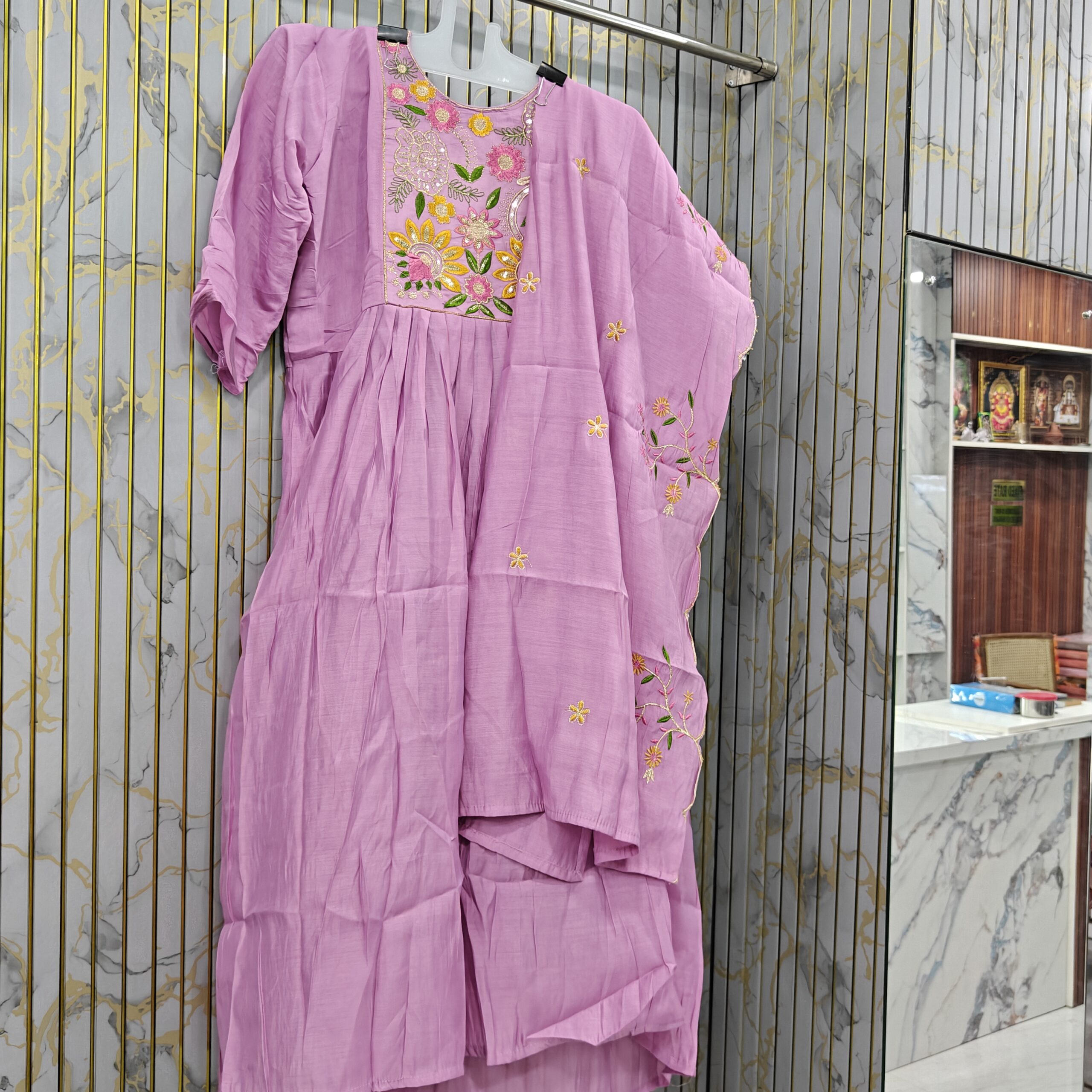 PURE MULCHANDERI THREE-PIECE SUIT SET WITH DESIGNER THREAD AND HANDWORK - SIZES M,L,XL,XXL