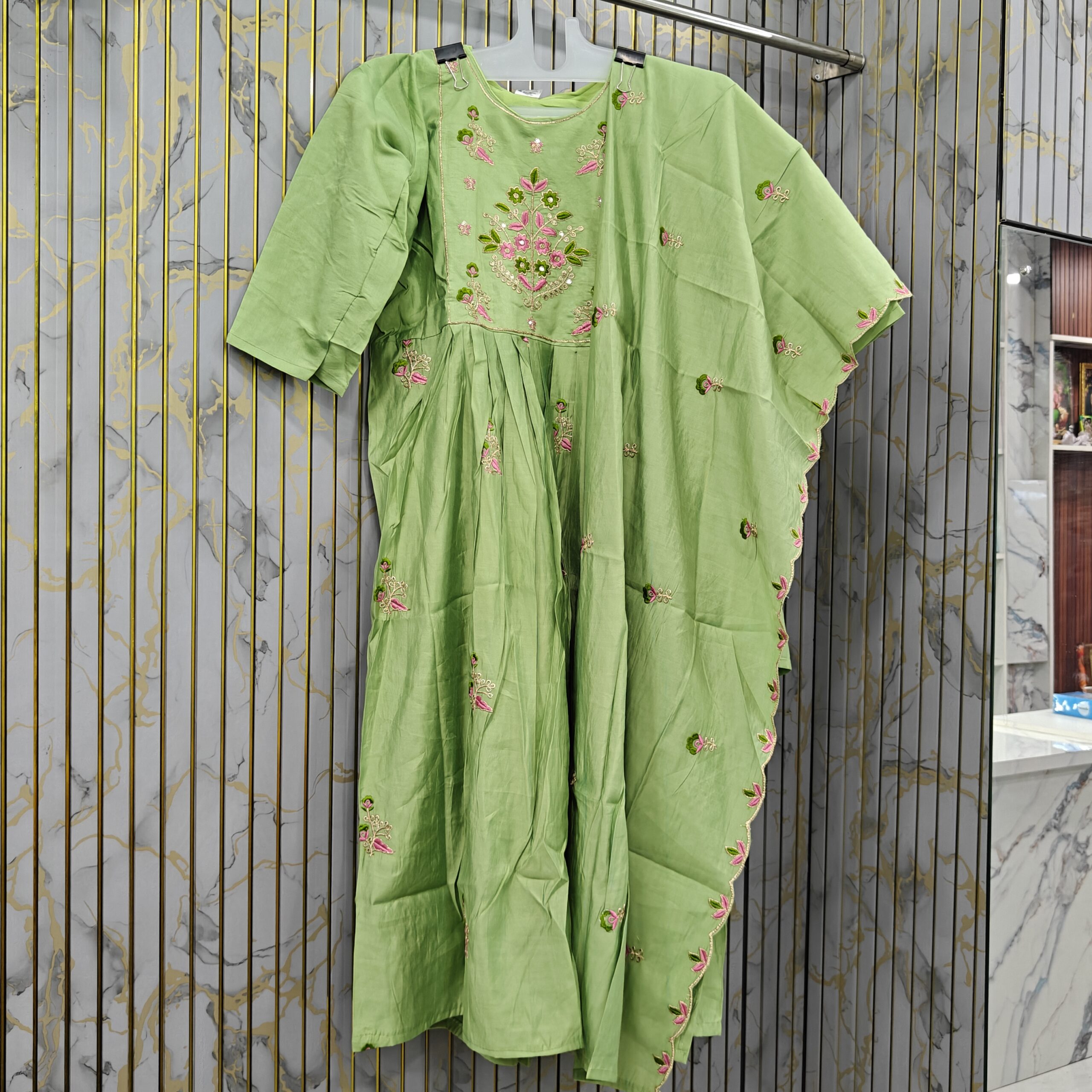 PURE MULCHANDERI THREE-PIECE SUIT SET WITH DESIGNER THREAD AND HANDWORK - SIZES M,L,XL,XXL